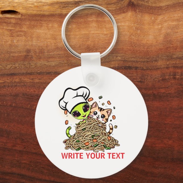 Kawaii Alien Chef Cat Spaghetti Art Key Ring (Front)