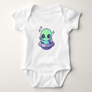 Kawaii Alien in UFO with Peace Sign Baby Bodysuit