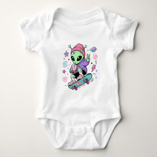 Kawaii Alien Skater Bubble Tea Design Baby Bodysuit
