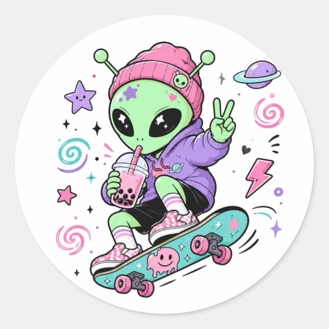 Kawaii Alien Skater Bubble Tea Design Classic Round Sticker (Front)