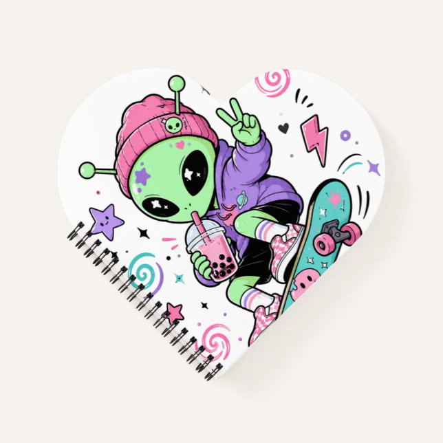 Kawaii Alien Skater Bubble Tea Design Notebook (Front)