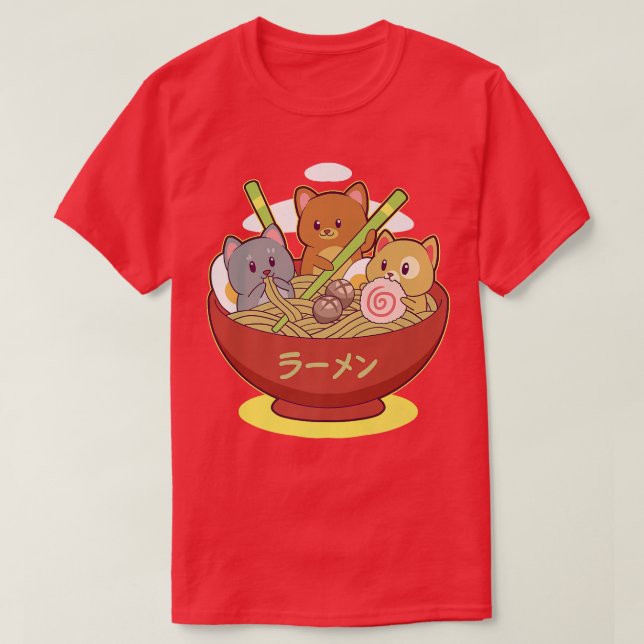 Kawaii Anime Cat Eating Ramen Japanese Noodle Asia T-Shirt (Design Front)