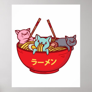 Kawaii Anime Cat Funny Adorable Japanese Ramen Poster