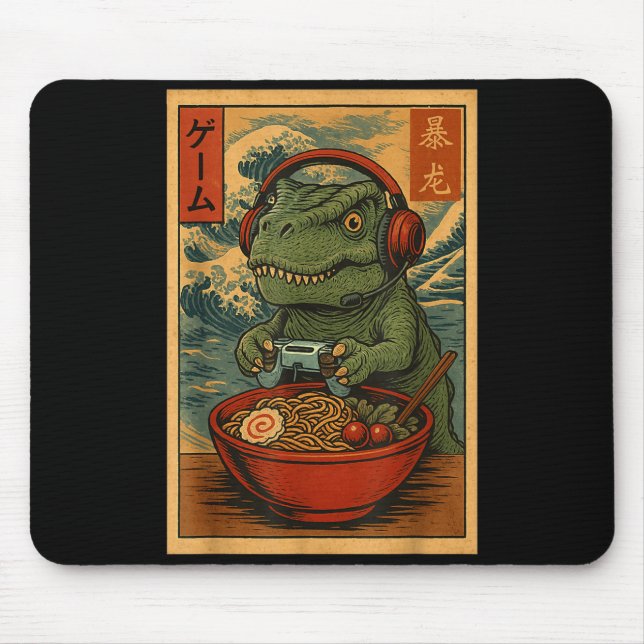 Kawaii Anime Gamer T-rex Ramen Retro Japanese Gami Mouse Pad (Front)