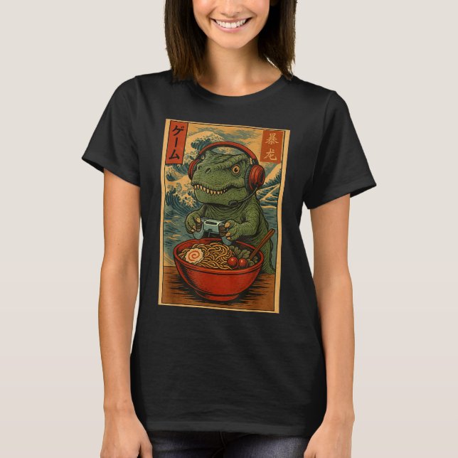 Kawaii Anime Gamer T-rex Ramen Retro Japanese Gami T-Shirt (Front)