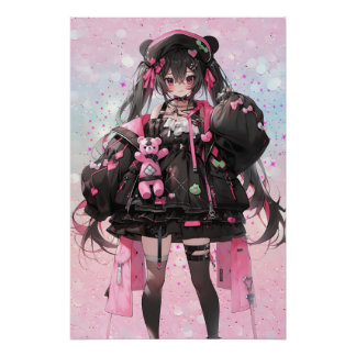 Kawaii Anime Girl in Pink and Black Dress  Poster