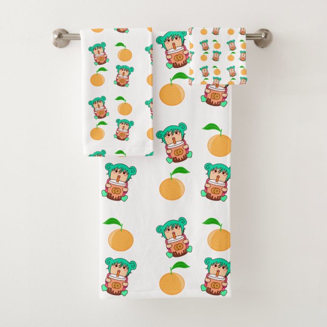 kawaii anime girl pattern bath towel set (Insitu)