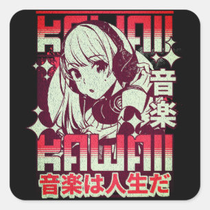 Kawaii Anime Girl Retro Music Square Sticker