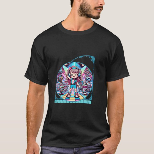 Kawaii Anime Girl s Retro Robot Dance Party Groove T-Shirt (Front)