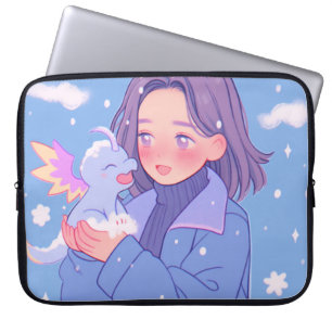 Kawaii Anime Girl With Baby Dragon in Winter Snow Laptop Sleeve