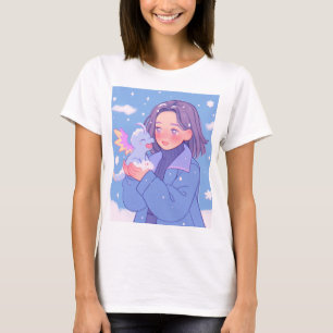 Kawaii Anime Girl With Baby Dragon in Winter Snow T-Shirt