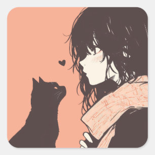 Kawaii Anime Girl with Black Cat Square Sticker