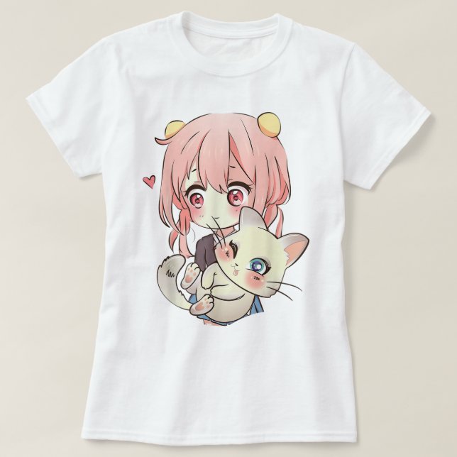 Kawaii Anime Girl With Cute Cat T-Shirt (Design Front)