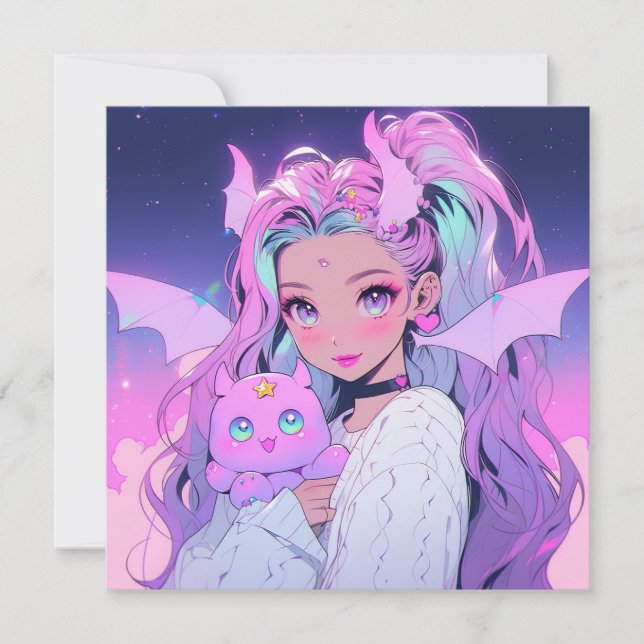 Kawaii Anime Girl with Plush Creature Invitation (Front)