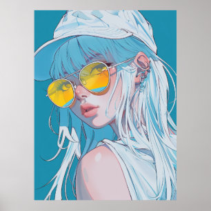 Kawaii Anime Girl with White Hair Poster