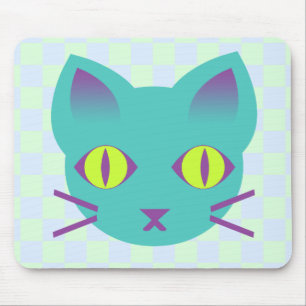 Kawaii Anime Kitty Cat Blue & Green Checks Mouse Pad