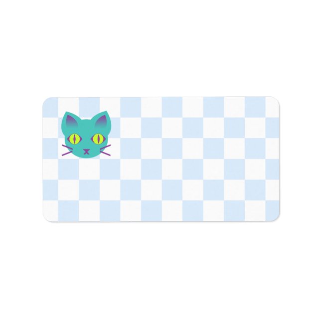 Kawaii Anime Kitty Cat Blue & White Chequerboard Label (Front)