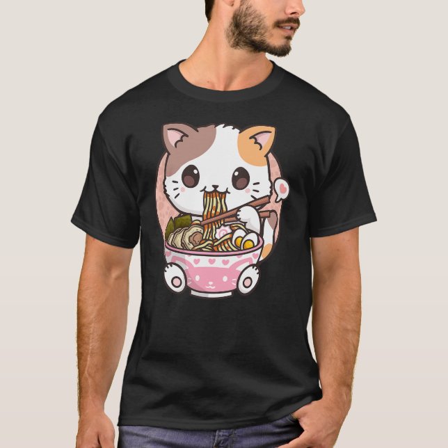 Kawaii Anime Ramen Cat Neko T-Shirt (Front)