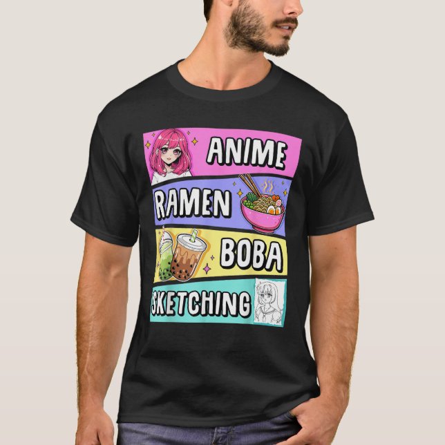 Kawaii Anime Ramen Noodles Sketching Boba Tea Japa T-Shirt (Front)