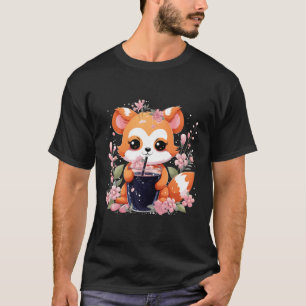 Kawaii Anime Red Panda Drinks Boba Tea Bubble Cher T-Shirt