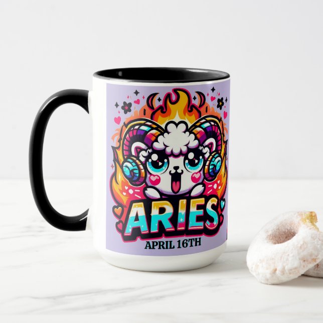 Kawaii Aries Ram Zodiac Sign Colourful Birthday Mug (With Donut)