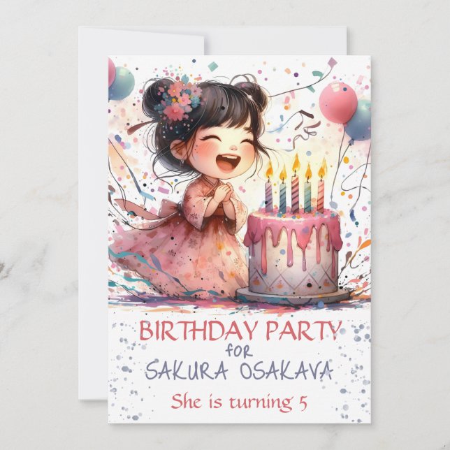 Kawaii Asian girl 5th Birthday cake candells name Invitation (Front)