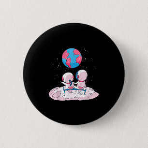 Kawaii Astronauts Sitting On Moon Looking At Earth 6 Cm Round Badge