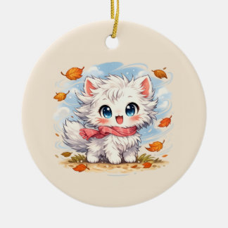 Kawaii Autumn Breeze Kitty – Cute Cosy Fall Cat Ceramic Ornament