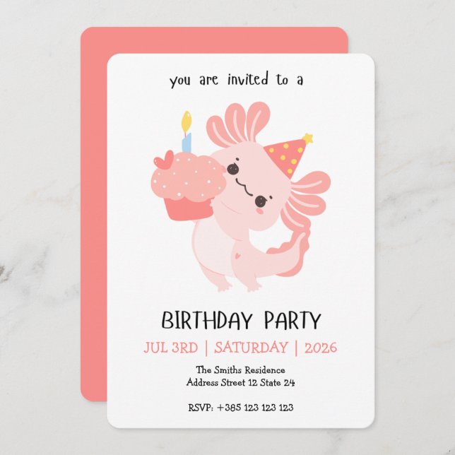 Kawaii Axolotl Birthday Party Invitation (Front/Back)