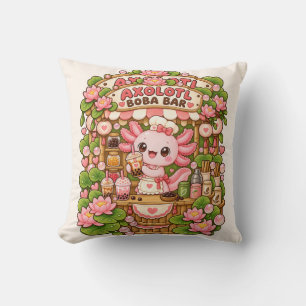 Kawaii Axolotl Boba Bar Pink Lotus Throw Pillow