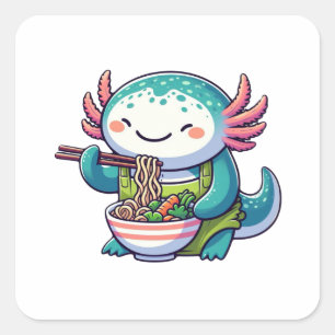 Kawaii Axolotl Eating Ramen Square Sticker