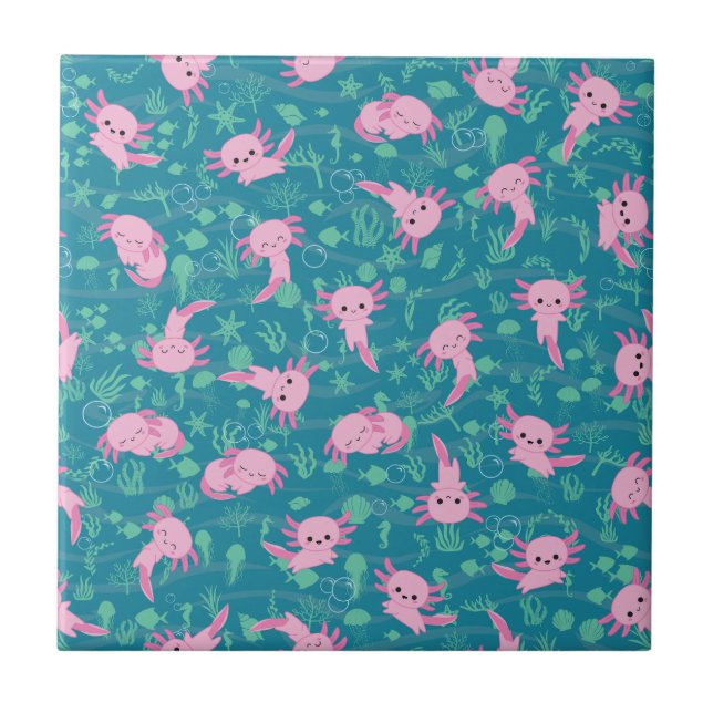Kawaii Axolotl in Ocean Ceramic Tile (Front)