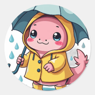 Kawaii Axolotl In Raincoat Cute Weather Classic Round Sticker