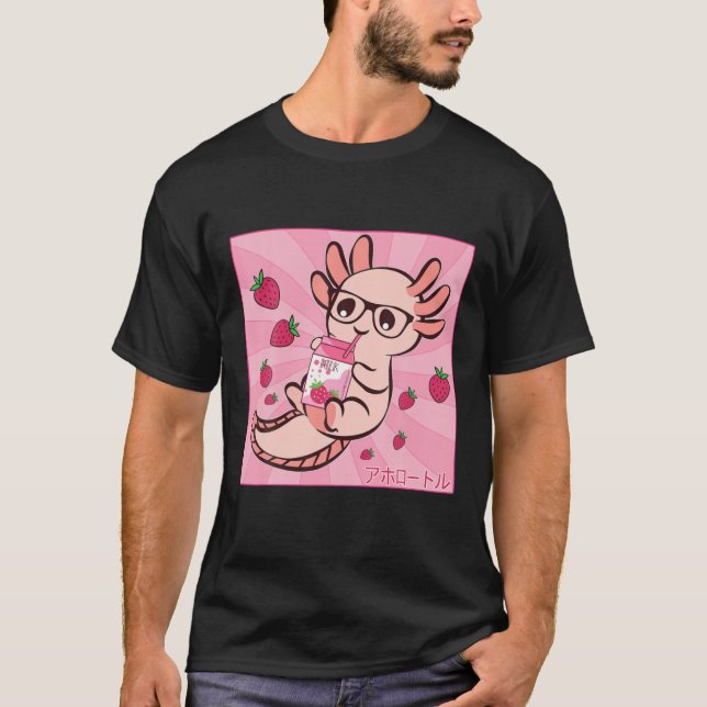 Kawaii Axolotl Japanese Anime Strawberry Milk Shak T-Shirt (Front)