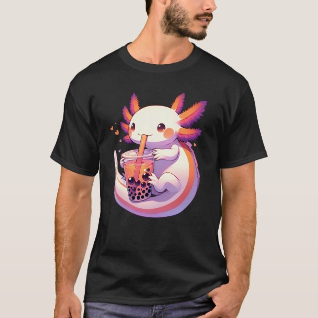 Kawaii Axolotl Lesbian Bubble Tea LGBT Pride Month T-Shirt (Front)