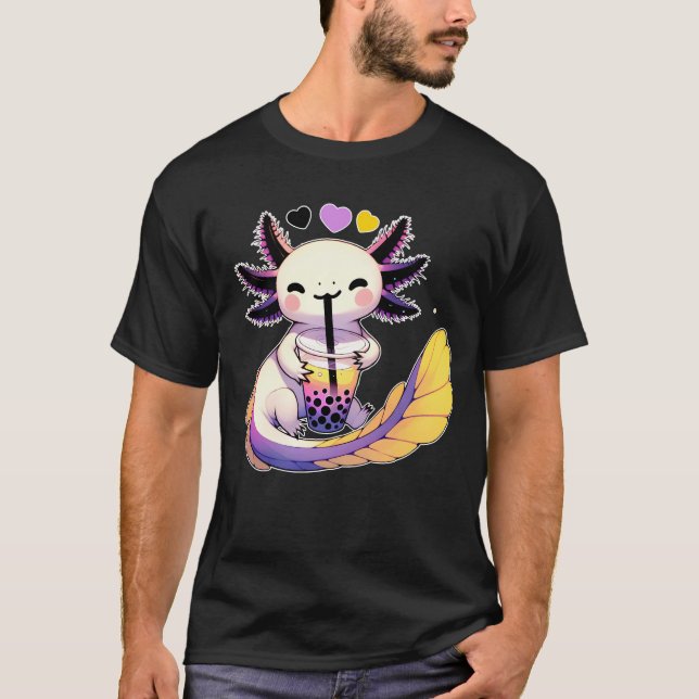 Kawaii Axolotl Non Binary Bubble Tea LGBTQ Subtle T-Shirt (Front)