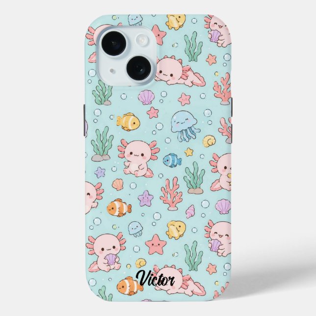 Kawaii Axolotl Ocean Pattern Phone Case (Back)