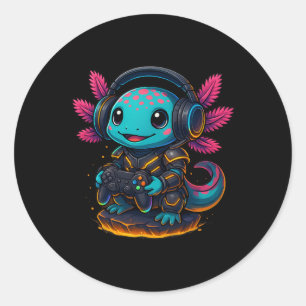 Kawaii Axolotl Playing Video Games Funny Gaming Ax Classic Round Sticker