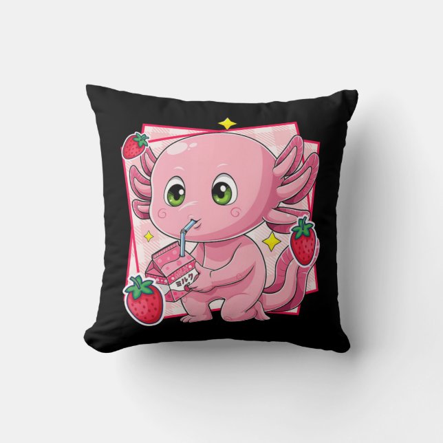 Kawaii Axolotl Strawberry Milk Japanese Anime Gift Cushion (Front)