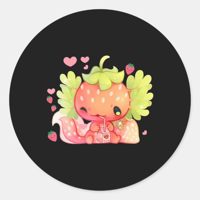 Kawaii Axolotl Strawberry Milk Shake Japanese Anim Classic Round Sticker (Front)