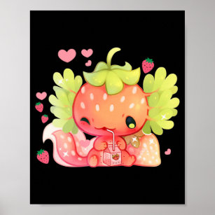 Kawaii Axolotl Strawberry Milk Shake Japanese Anim Poster