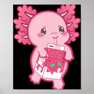 Kawaii Axolotl Strawberry Milk Teen Girl Kids Japa Poster