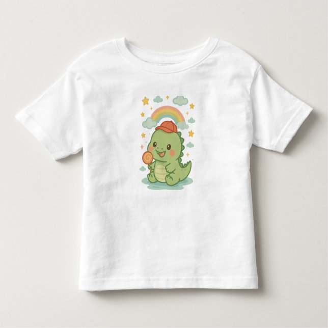 Kawaii Baby Dino with Candy Popsicle 🍭🦖☁️☀️ Toddler T-Shirt (Front)