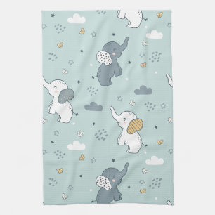 Kawaii Baby Elephant Nursery Blue Tea Towel
