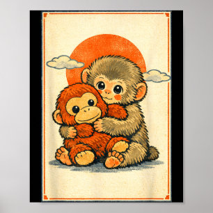 Kawaii baby monkey cute japanese macaque ukiyo-e poster