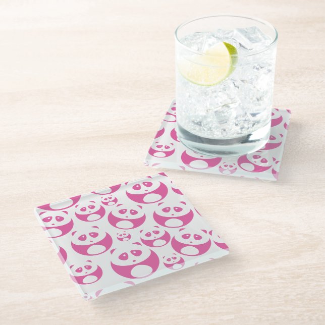 Kawaii Baby Pink and White Panda Pattern Glass Coaster (Angled)