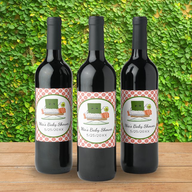 Kawaii Baby Shower: Sushi and Salmon Roll Theme Wine Label (Creator Uploaded)