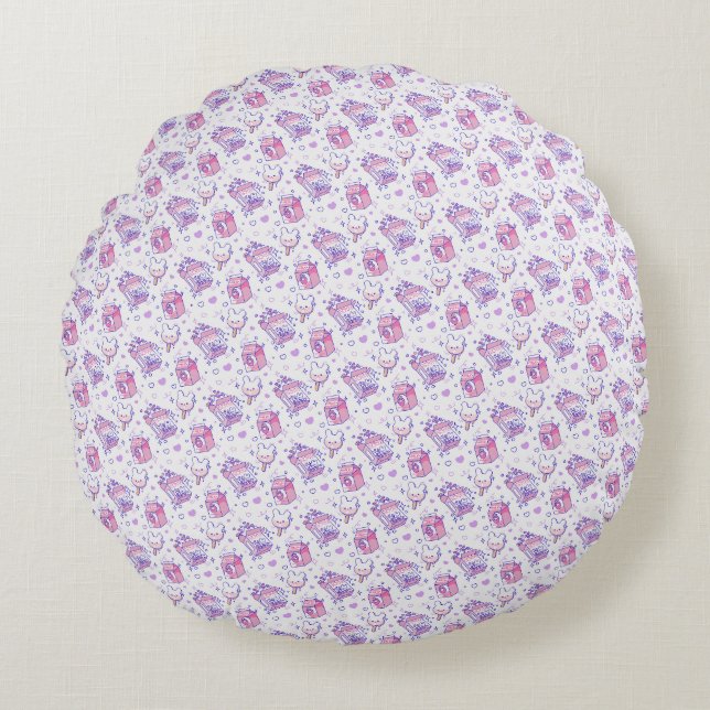 Kawaii Bakery & Milk Pattern Round Cushion (Front)