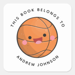 Kawaii Basketball Ball Cute Kids Name Bookplate Square Sticker