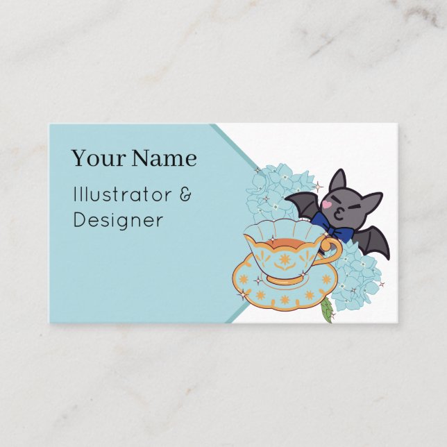 Kawaii Bat and Hydrangea Tea Time Business Card (Front)